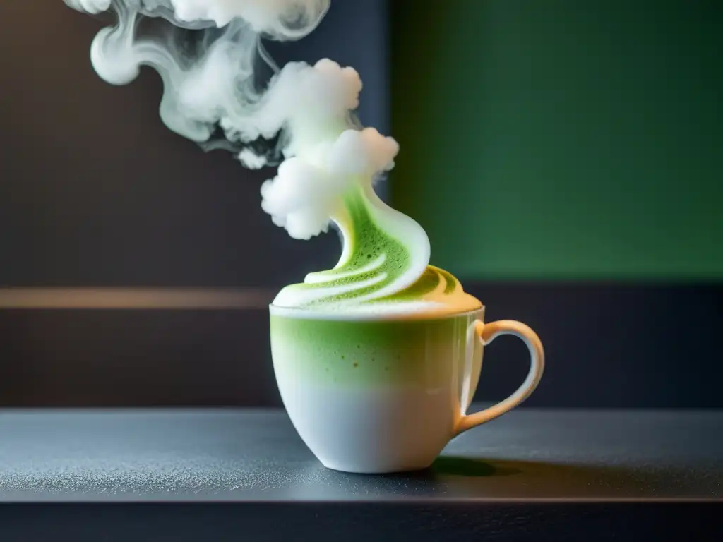 Una taza de matcha latte orgánico humeante en una mesa negra mate