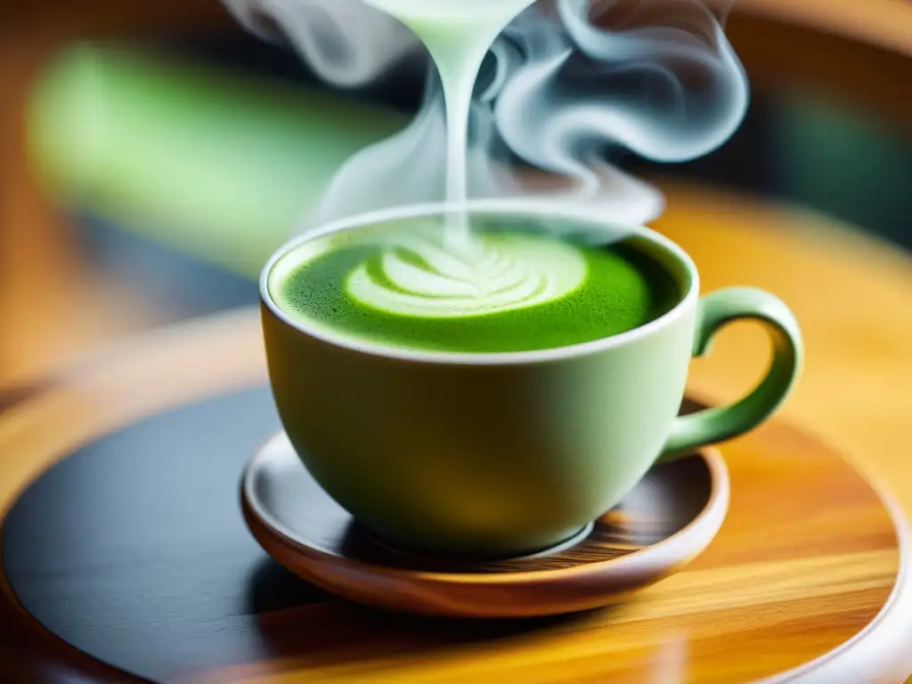 Una taza de té matcha orgánico, con delicado vapor, sobre un posavasos de madera