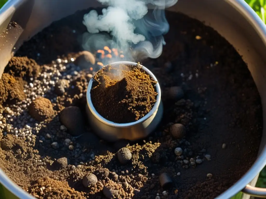 Preparando té de compost para huerto orgánico: agua y compost se mezclan en un caldero, con vapor ascendente