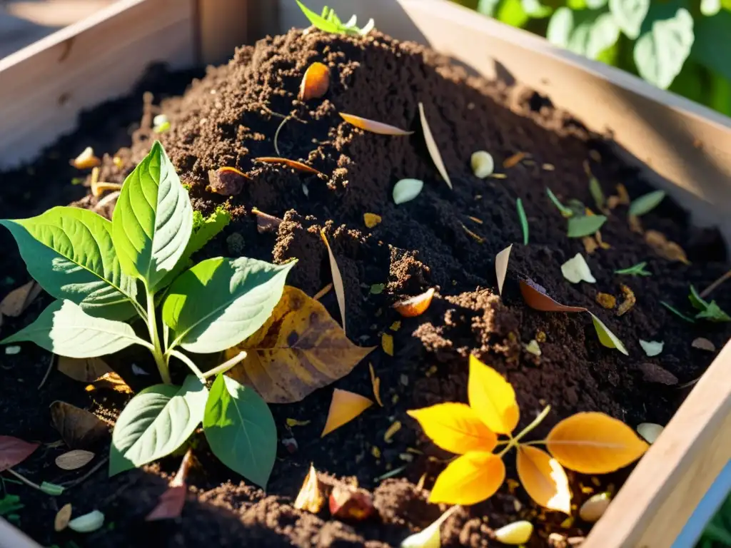 Técnica de compostaje orgánico en jardín, con capas de restos de cocina, hojas secas y desechos de jardín, bañados por la cálida luz del sol