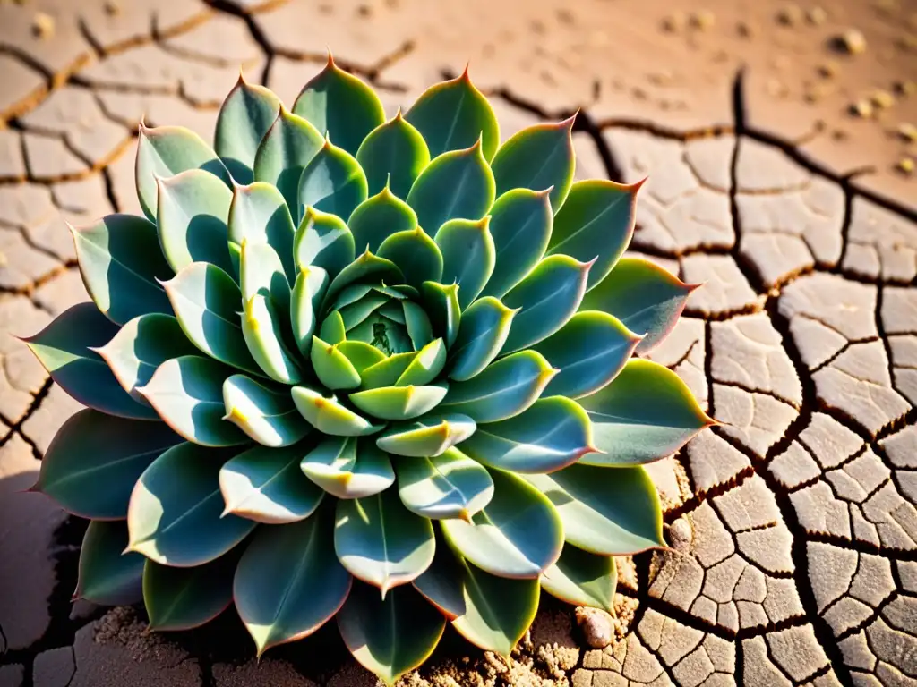 Técnica de cultivo en zonas áridas orgánicas: suculenta verde resplandeciente en desierto seco, muestra resiliencia y adaptabilidad