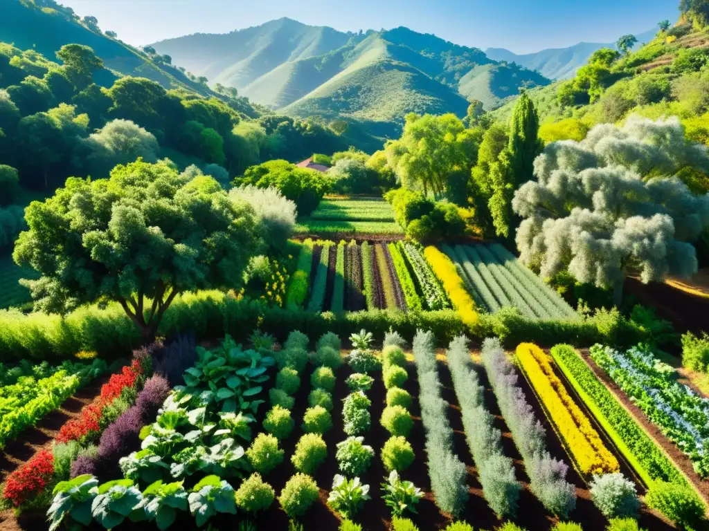 Técnicas agroforestales para suelos saludables: Una próspera agroforestería rebosante de vida y armonía, con cultivos diversos y exuberante vegetación