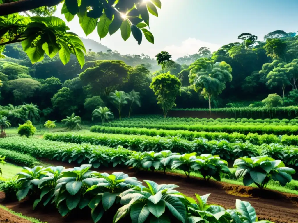 Técnicas agroforestales para suelos saludables: Un sistema exuberante con cultivos vibrantes bajo la sombra de árboles altos