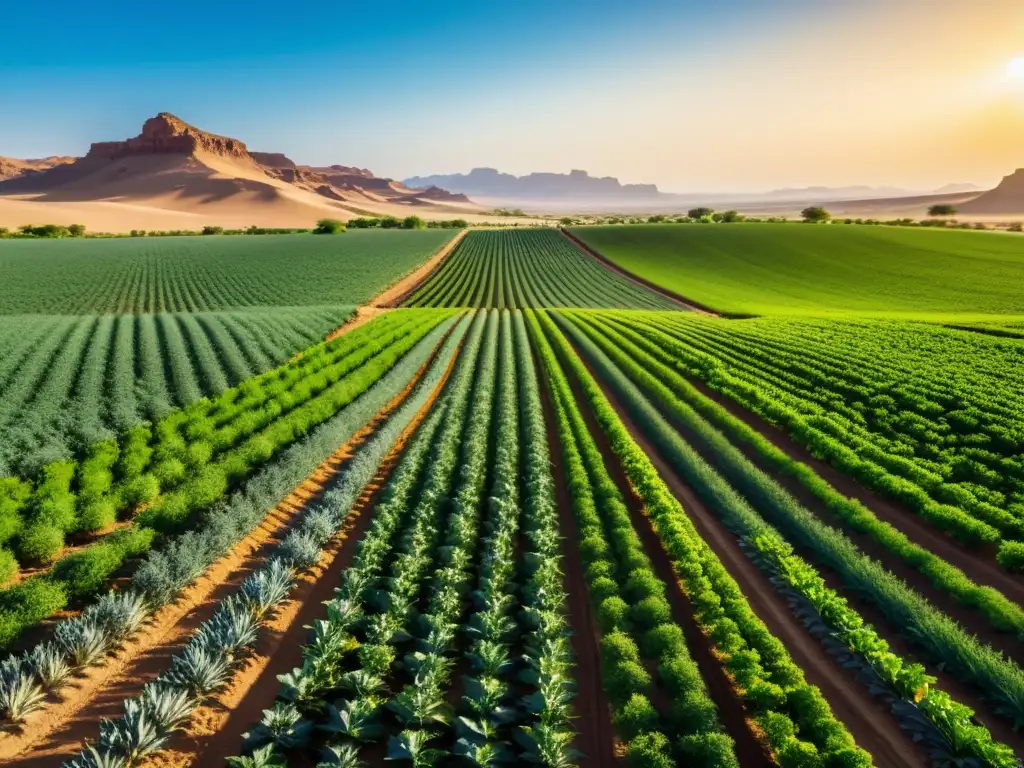 Técnicas de cultivo orgánico en desierto: Oasis verde de granjas orgánicas en un paisaje desértico, con cultivos vibrantes y sol radiante