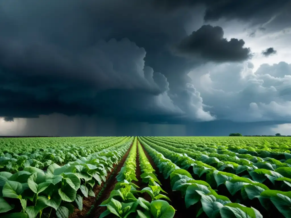 Técnicas cultivo orgánico zonas tormentosas: campo de cultivos orgánicos desafiando la tormenta con su verdor vibrante y su resiliencia