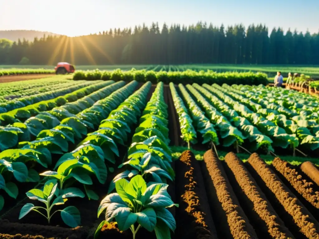 Técnicas de fertilización cultivos orgánicos en una granja orgánica vibrante y exuberante, bañada por la cálida luz del sol