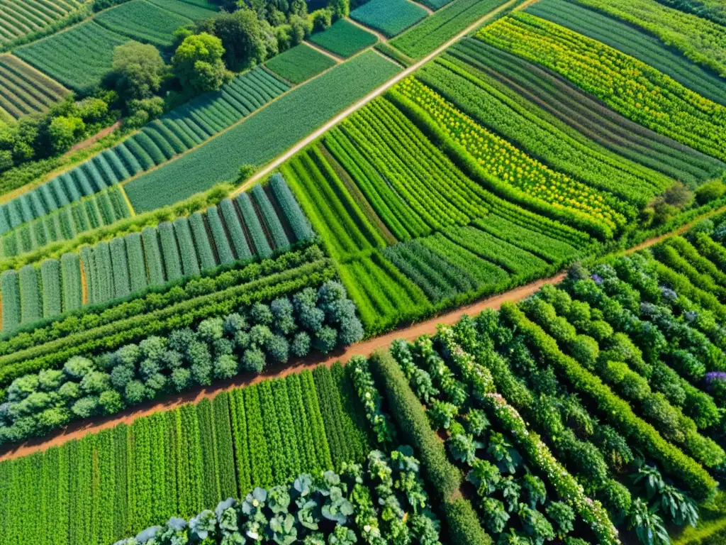 Técnicas modernas cultivos orgánicos: Fotografía aérea de granja orgánica con cultivos vibrantes y ordenados, flores coloridas y cielo azul claro