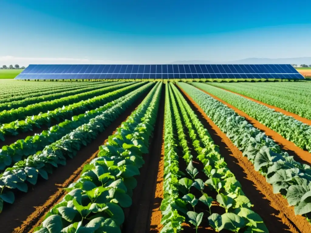 Técnicas modernas cultivos orgánicos: Campo de cultivos orgánicos con sol brillante, hojas relucientes y sistema de riego moderno