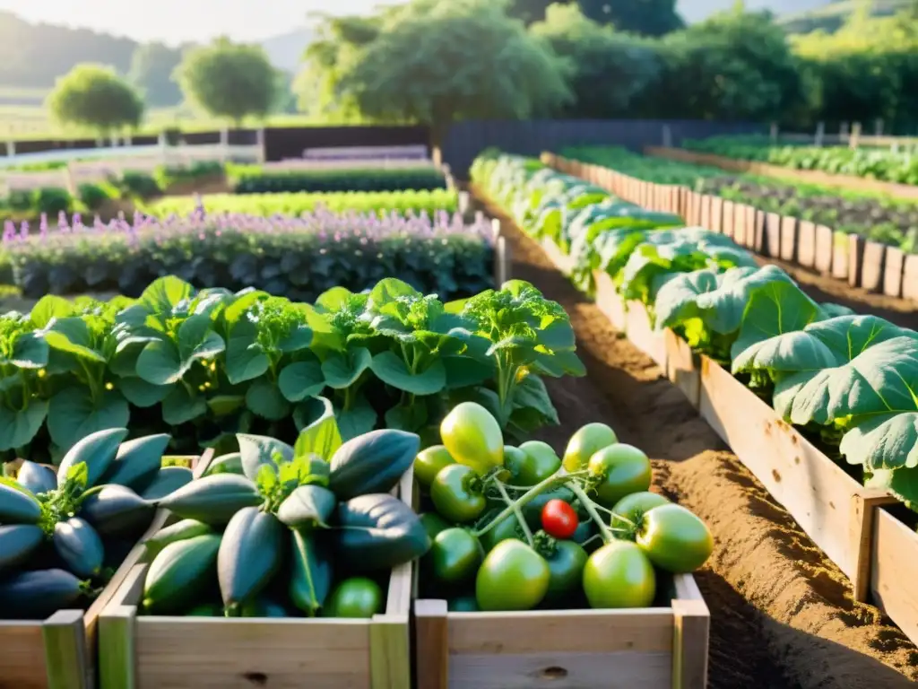 Técnicas orgánicas para proteger cultivos: Una granja orgánica exuberante con hileras de frutas y verduras, rodeada por una cerca de madera