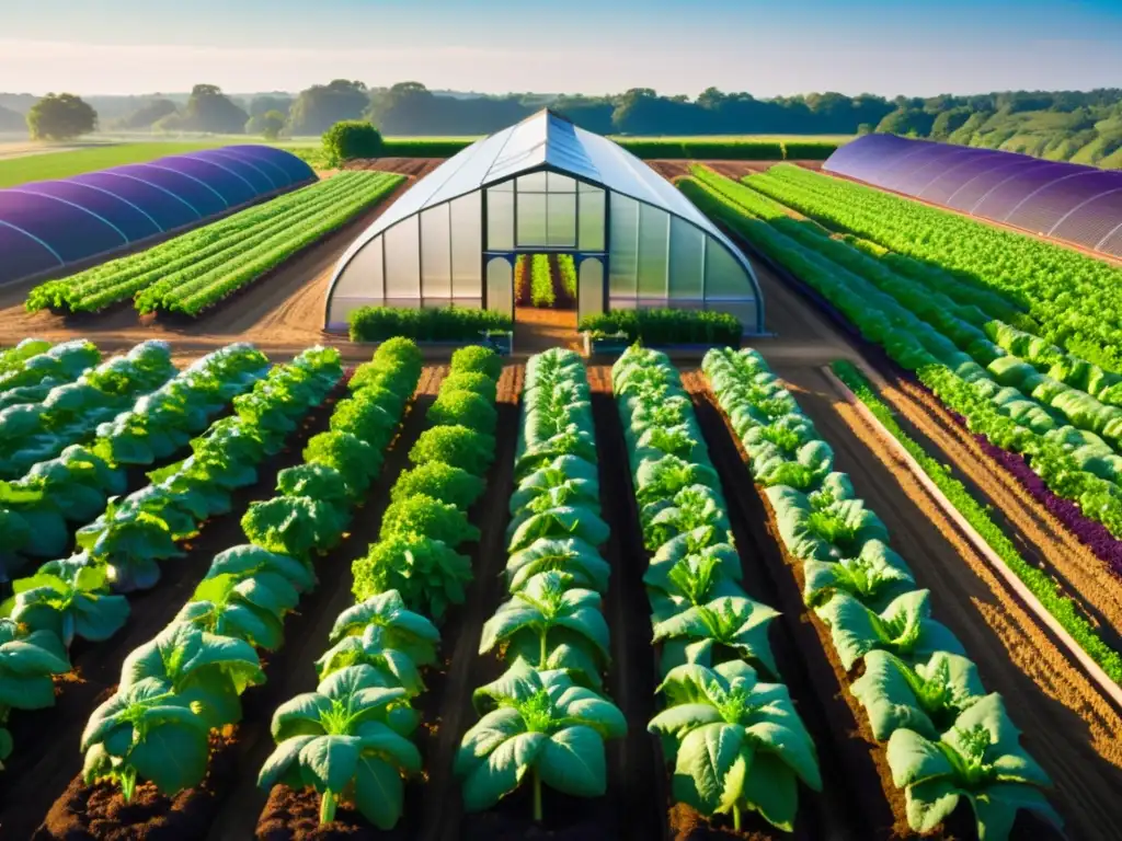 Innovación tecnológica en una granja orgánica con cultivos vibrantes y un invernadero moderno, fusionando armoniosamente tecnología y naturaleza