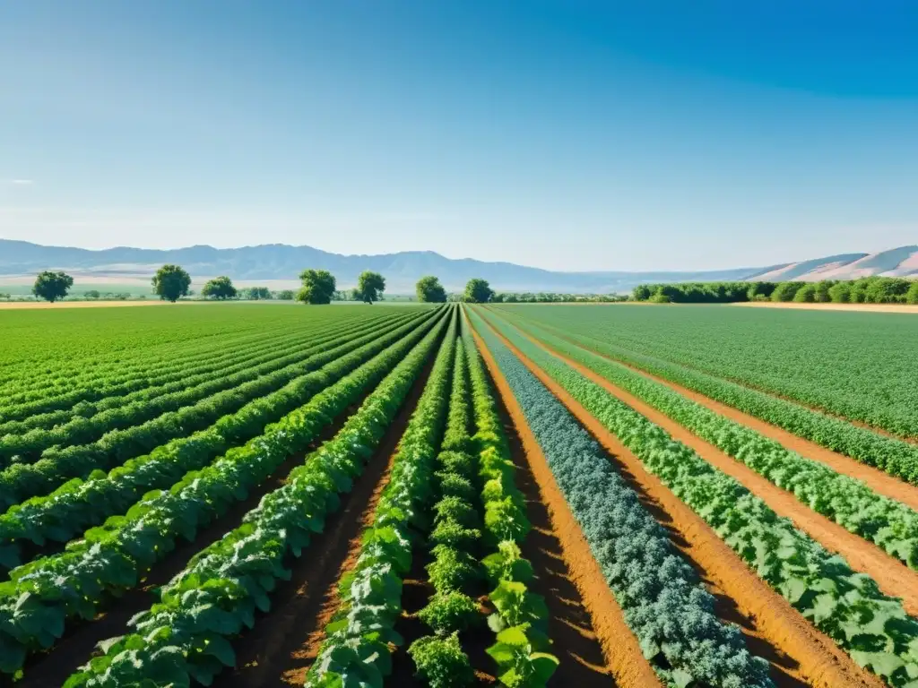 Innovación tecnológica para agricultura orgánica: Un campo verde exuberante con cultivos organizados bajo un cielo azul claro