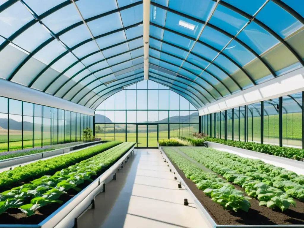 Innovación tecnológica para agricultura orgánica en invernadero futurista con cultivos verdes vibrantes y ambiente sereno