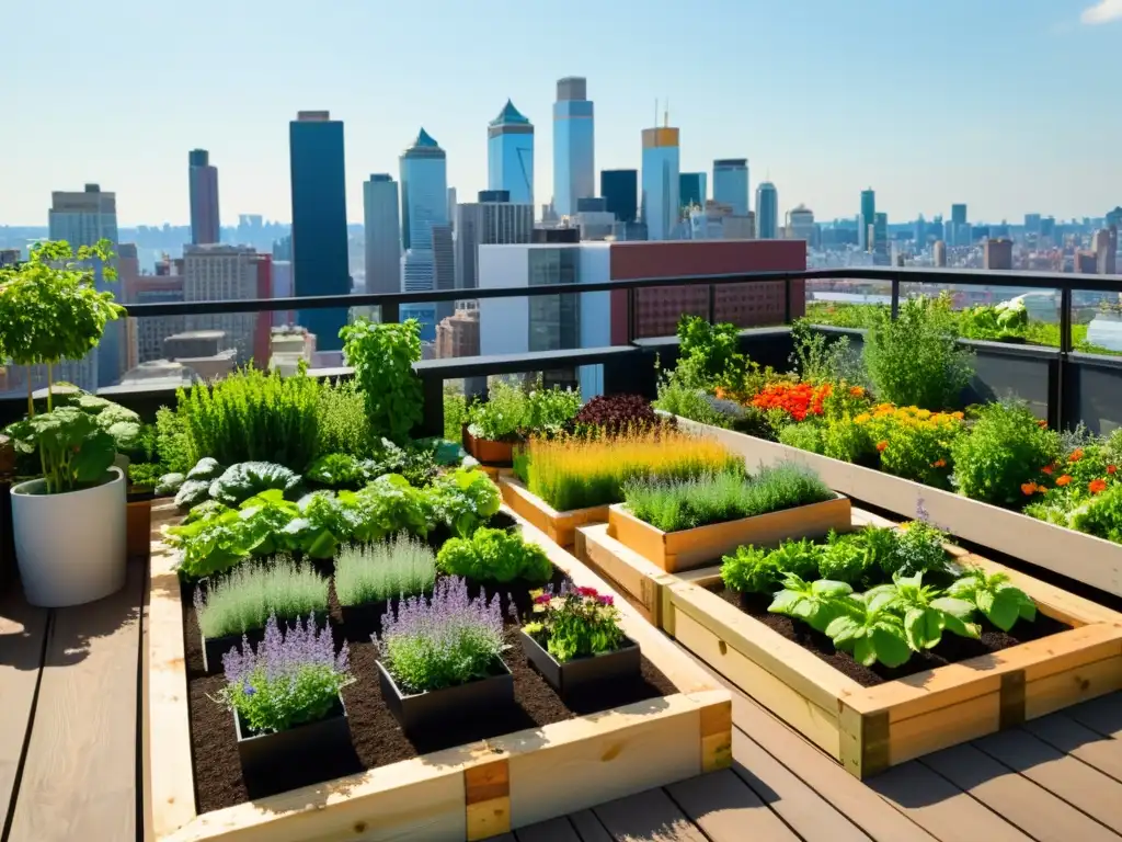 Jardín de tejado con plantas vibrantes y recicladas, muestra permacultura urbana en pequeños espacios con armonía natural