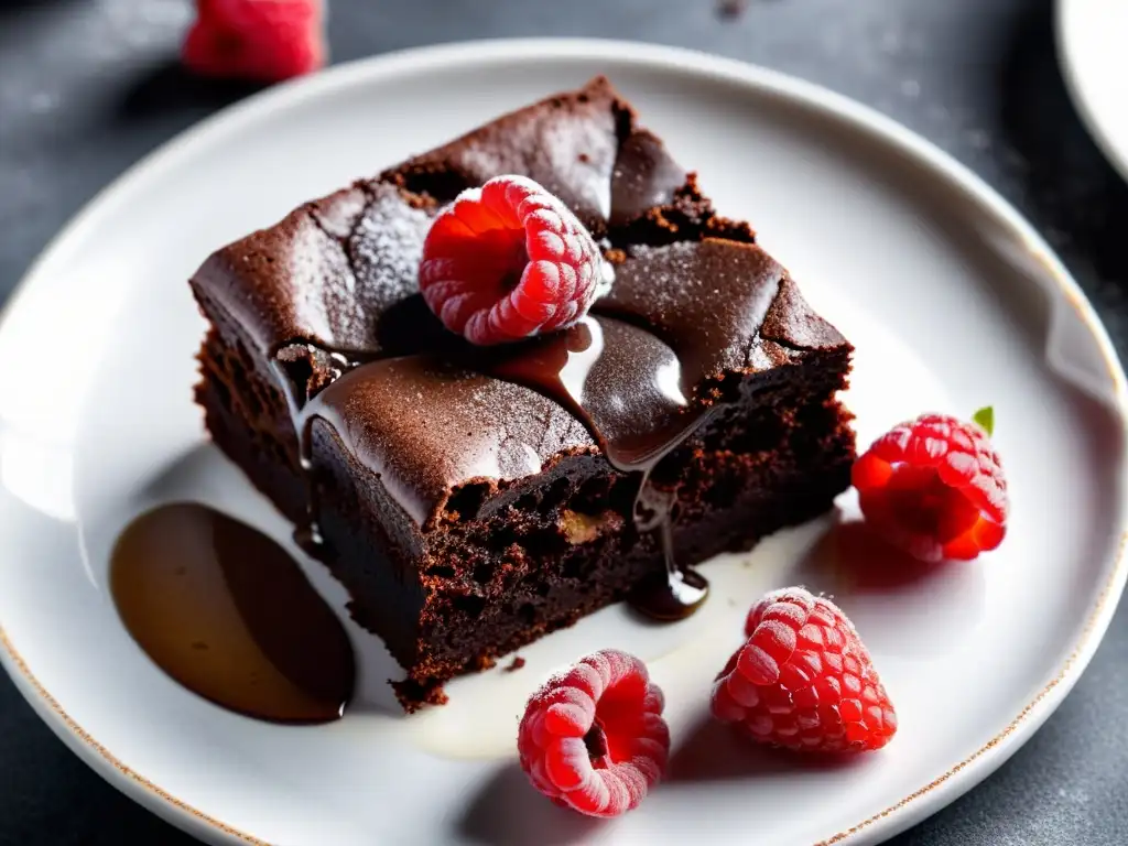 Un tentador brownie orgánico con frambuesas y miel, iluminado suavemente