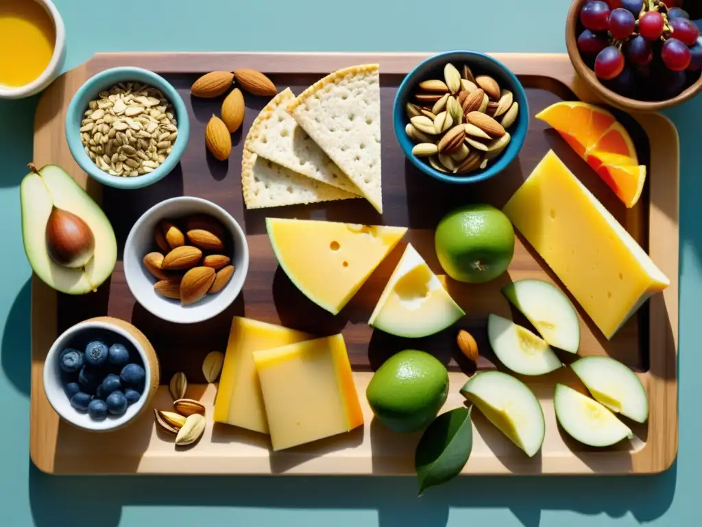 Un tentador surtido de meriendas orgánicas para deportistas, con frutas, frutos secos, semillas y galletas integrales en una tabla de madera