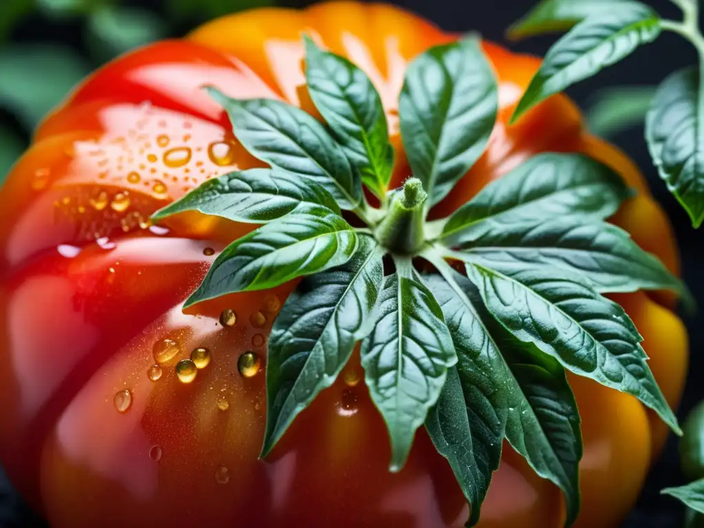 Una tentadora composición natural con tomate y albahaca, evocando frescura y sostenibilidad