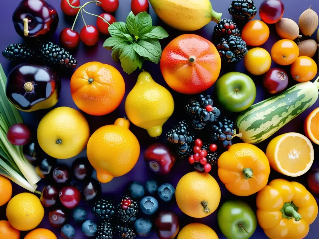 Una tentadora exhibición de frutas y verduras orgánicas, perfectamente maduras y detalladas