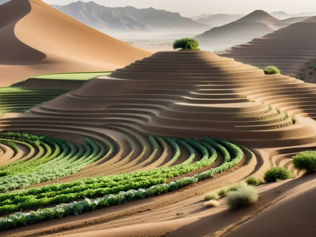 Terrazas con cultivos orgánicos en zonas áridas, mostrando técnicas de conservación de suelo y agua