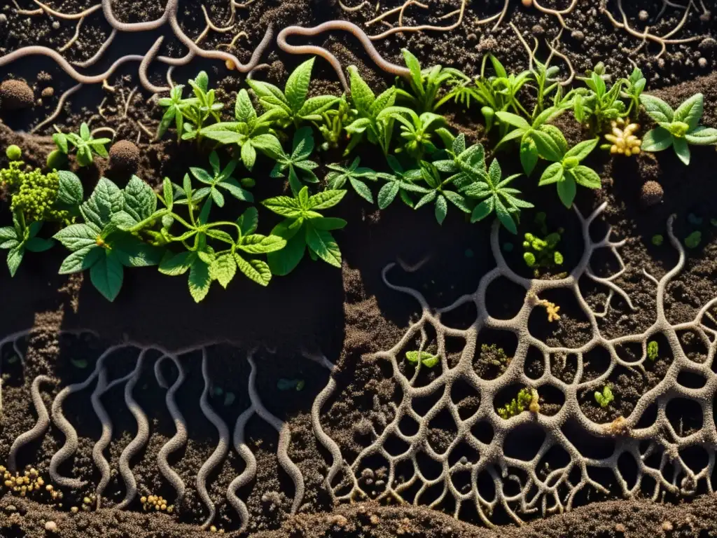 Tierra orgánica rica en biodiversidad, con microorganismos, raíces y vida interconectada