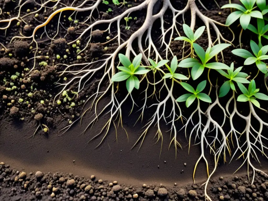 Tierra oscura y rica con raíces de plantas entrelazadas, mostrando la red de vida en un ecosistema dinámico