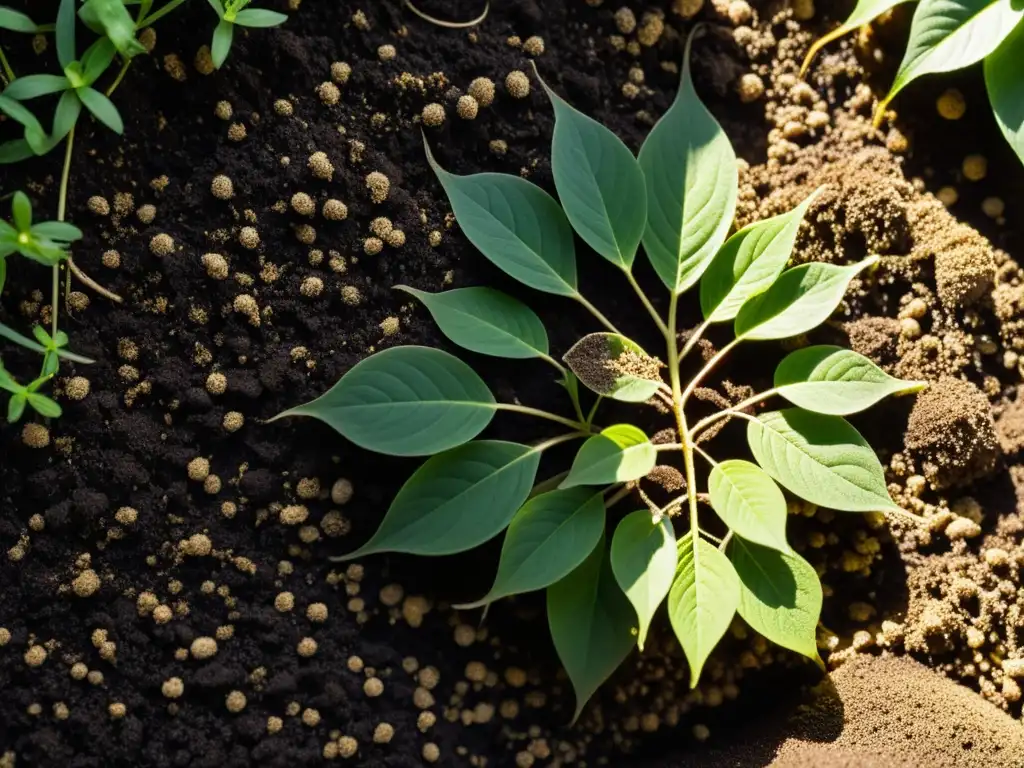 Tierra oscura rica en vida, con raíces y organismos