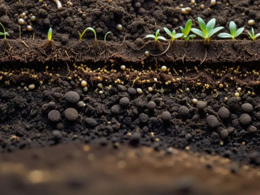 Tierra oscura y rica en vida, con textura húmeda y crujiente, donde las raíces y lombrices tejen una intrincada red