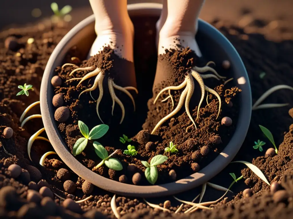 Tierra fértil y rica en materia orgánica, con raíces y lombrices