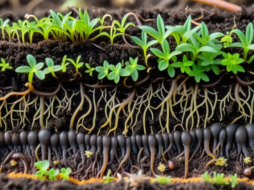 Tierra fértil y viva, con gusanos, micelio y raíces de plantas prósperas, enriqueciendo el suelo en un sistema de permacultura