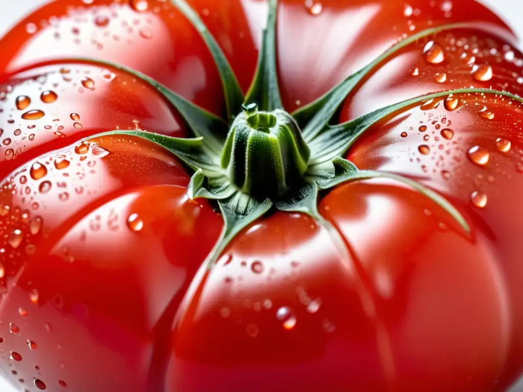 Una toma detallada de un tomate rojo brillante con gotas de agua, resaltando su frescura y perfección