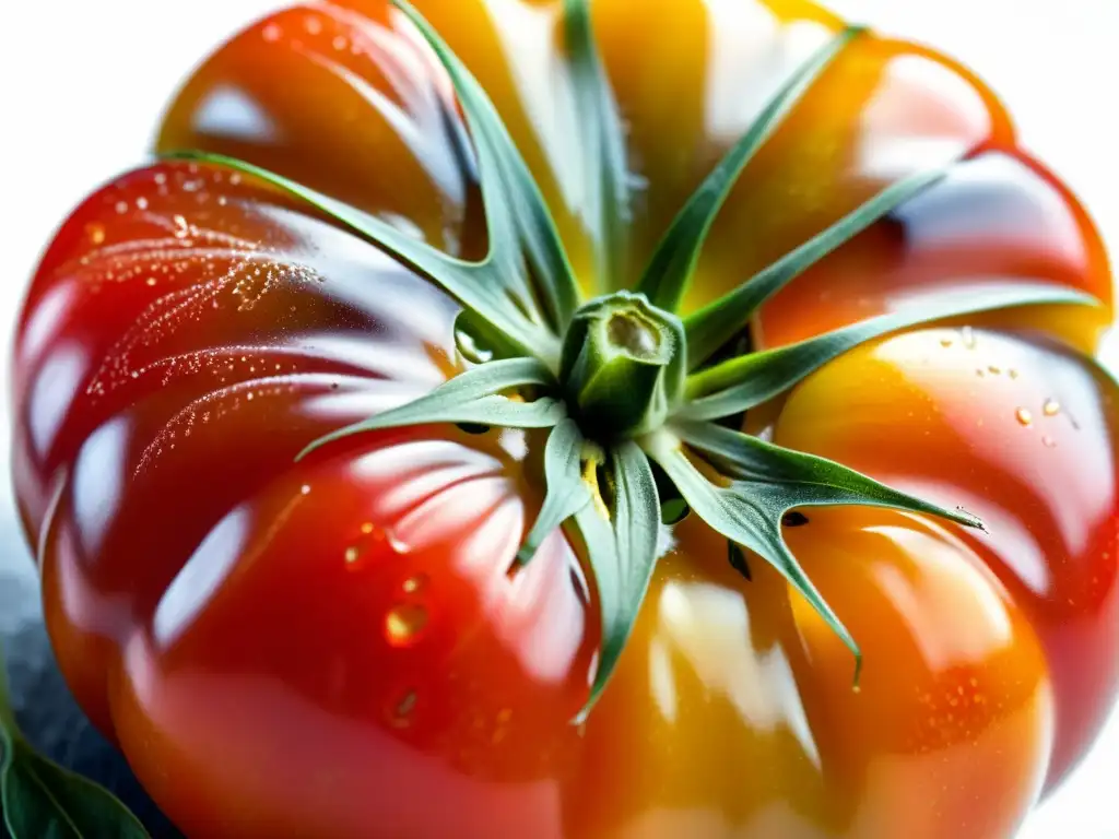 Tomate heirloom brillante cubierto de rocío, resaltando su forma y colores, muestra la belleza de las semillas heirloom