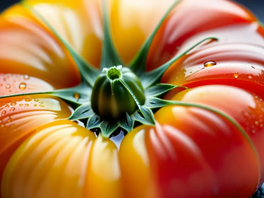 Tomate heirloom con gotas de agua, resaltando su belleza natural