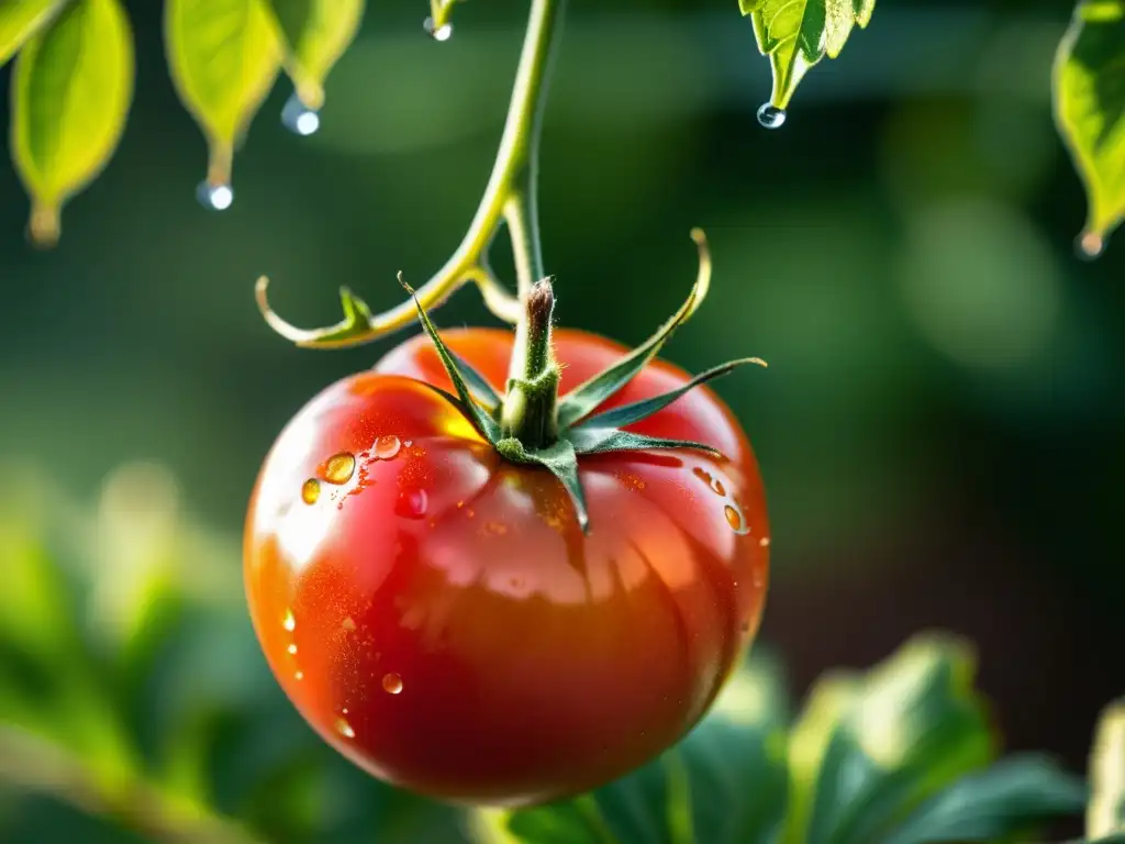 Tomate maduro de agricultura orgánica, con textura detallada y brillo natural