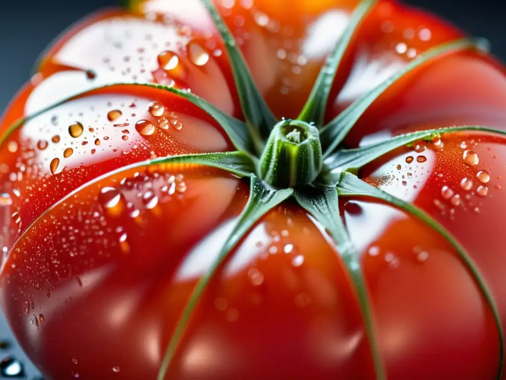 Un tomate maduro y brillante, con gotas de agua sobre su piel roja