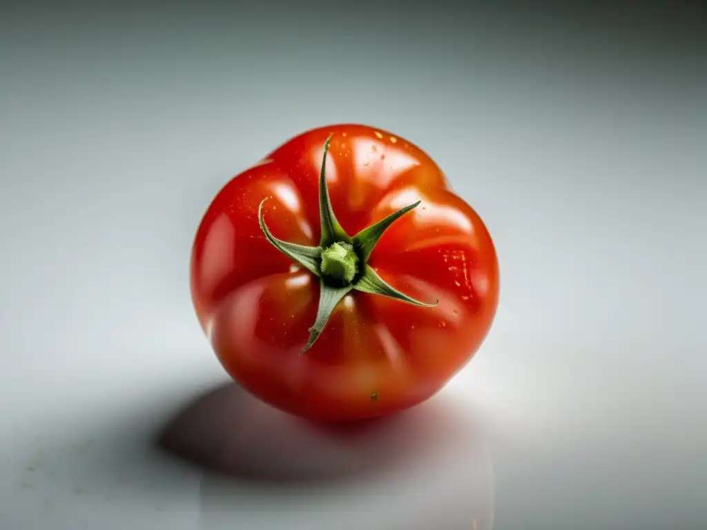 Tomate maduro, simétrico y brillante en superficie blanca