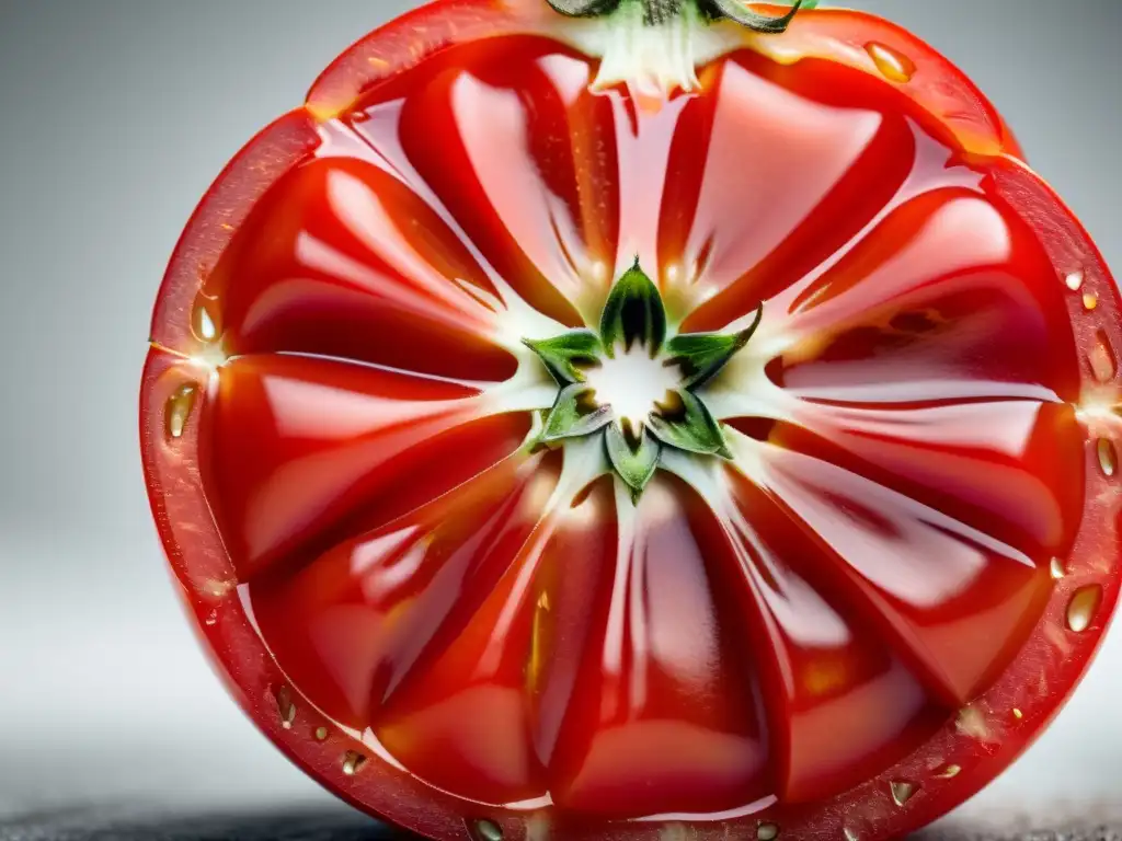 Una tomate maduro, editado genéticamente, con color rojo vibrante y forma perfectamente uniforme