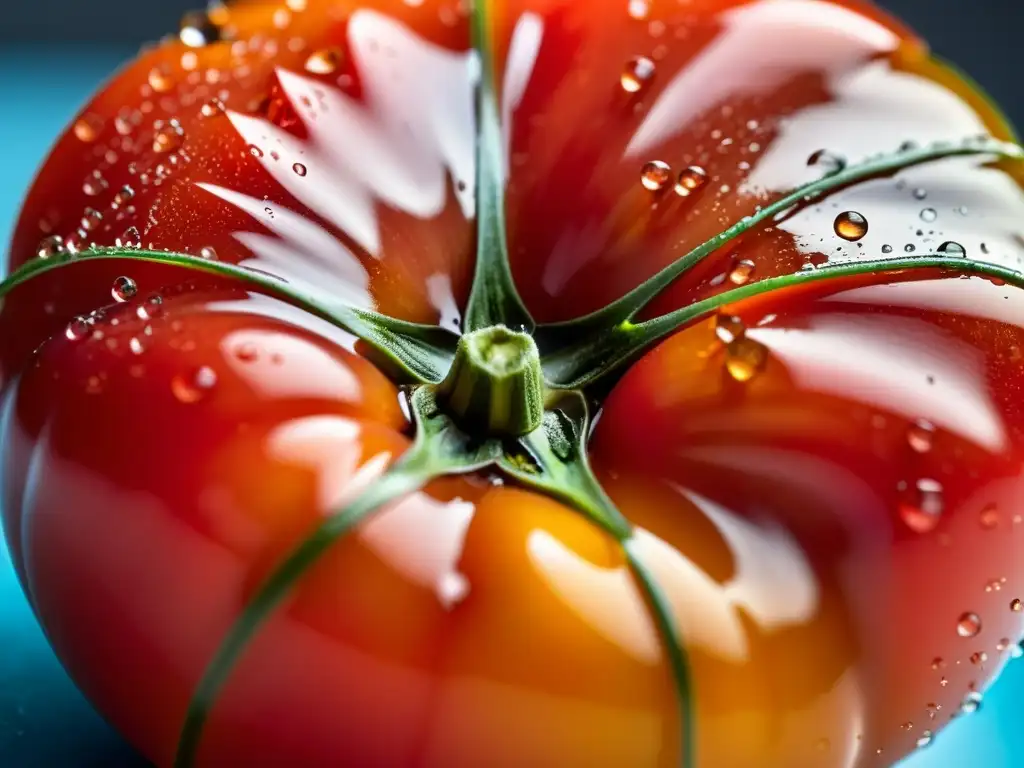 Tomate maduro con gotas de agua, simetría perfecta y color vibrante