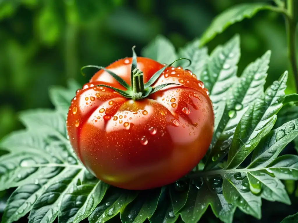 Un tomate maduro reposa sobre hojas verdes, cubierto de gotas de agua brillantes bajo el sol