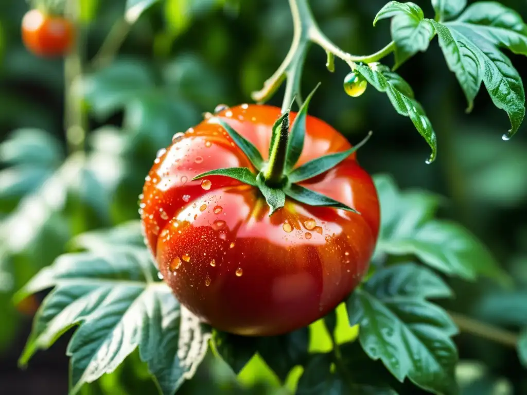 Un tomate maduro y jugoso en la vid, con gotas de agua brillando en su superficie, rodeado de hojas verdes