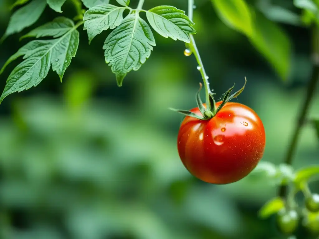 Tomate maduro en planta con gotas de agua, resaltando la belleza natural de los alimentos orgánicos