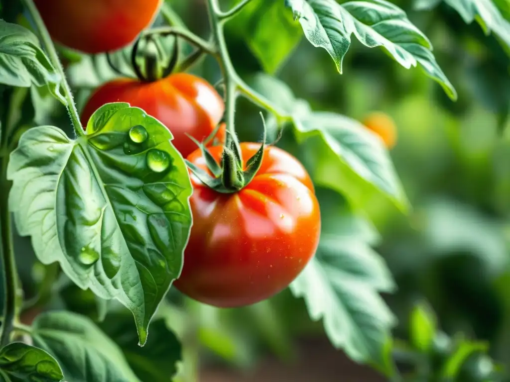 Un tomate maduro en planta orgánica, bañado por el sol