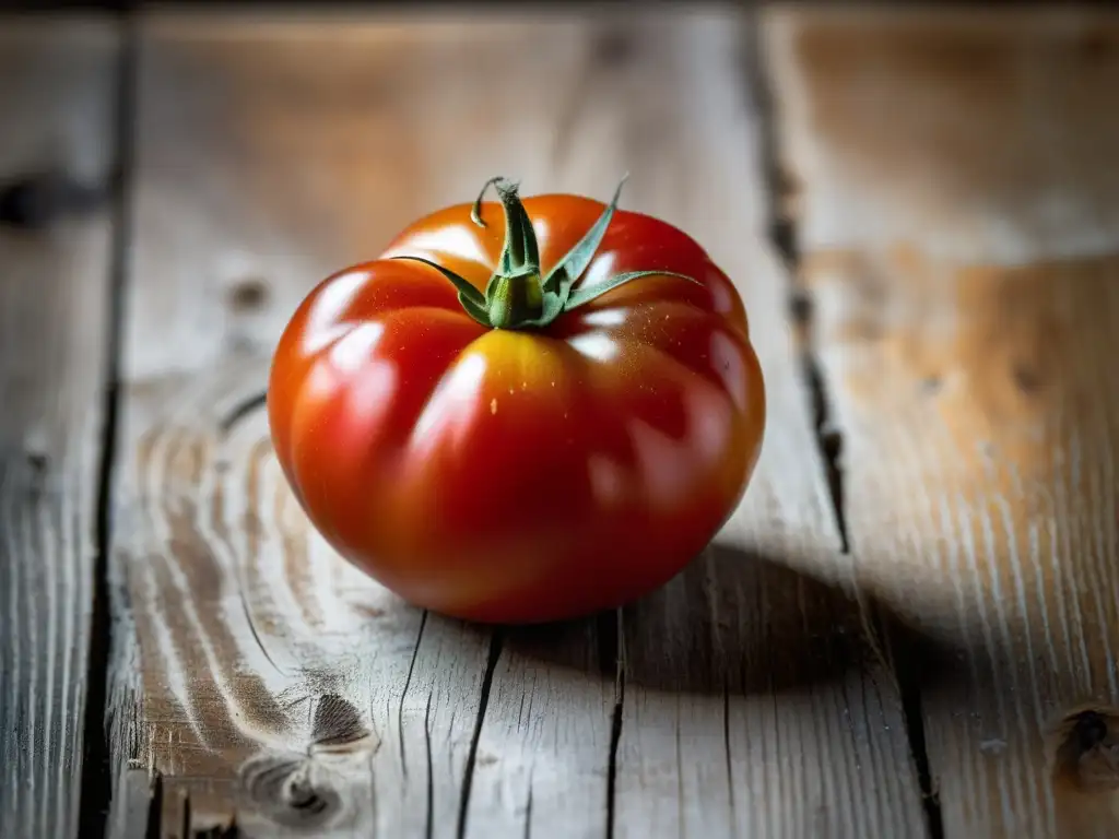 Tomate heirloom maduro en superficie rústica, luz suave