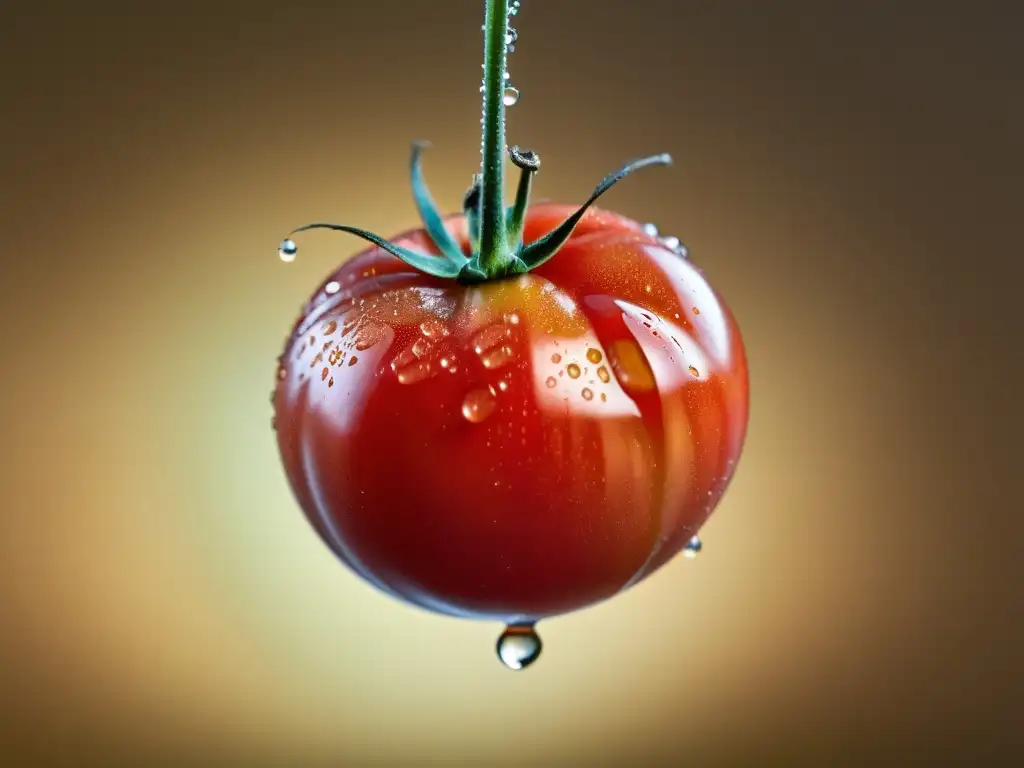 Tomate maduro suspendido en el aire, con gotas de agua y detalles visibles