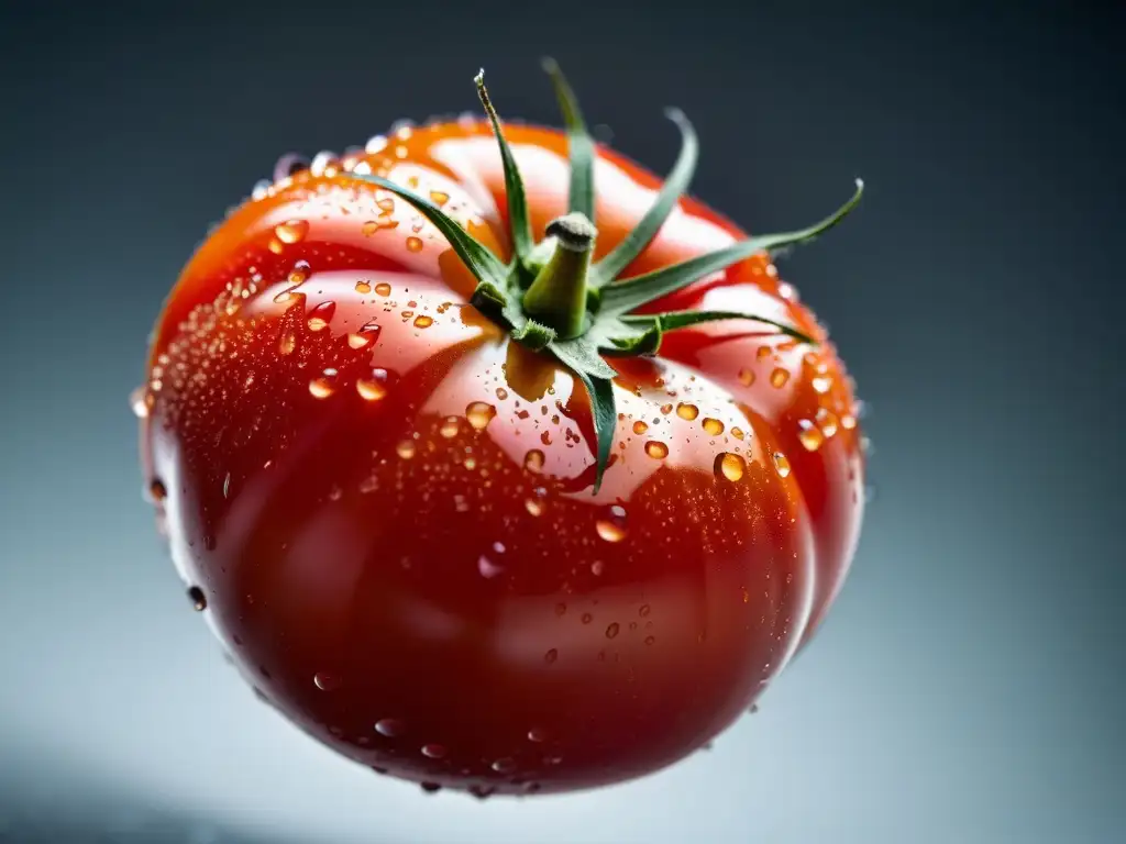 Tomate maduro suspendido en el aire con gotas de agua, bañado en luz natural