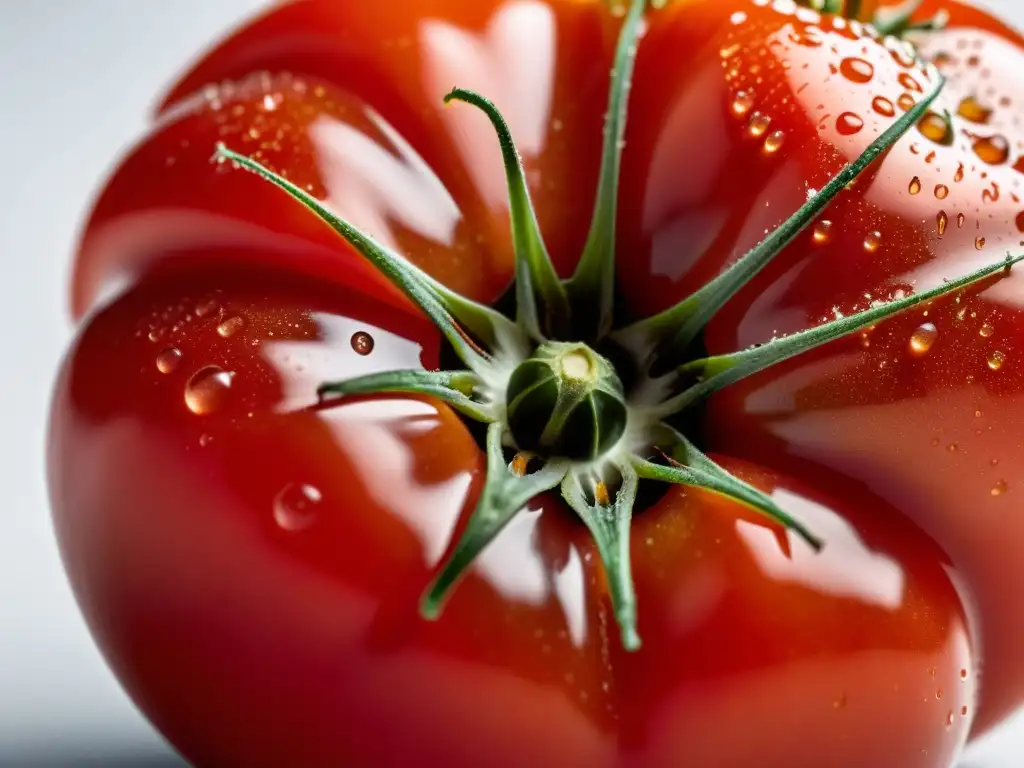 Un tomate maduro suspendido en el aire, con detalles y gotas de agua, reflejando la coexistencia de CRISPR y alimentos orgánicos