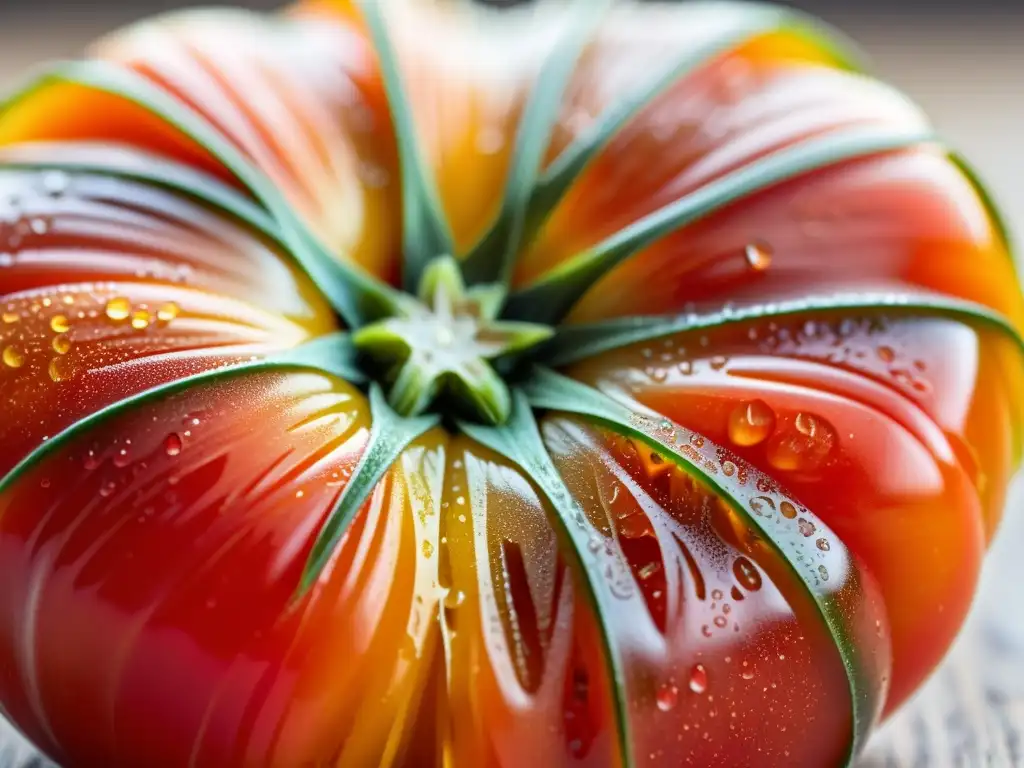 Tomate heirloom maduro sobre tabla de cortar, iluminado por luz natural