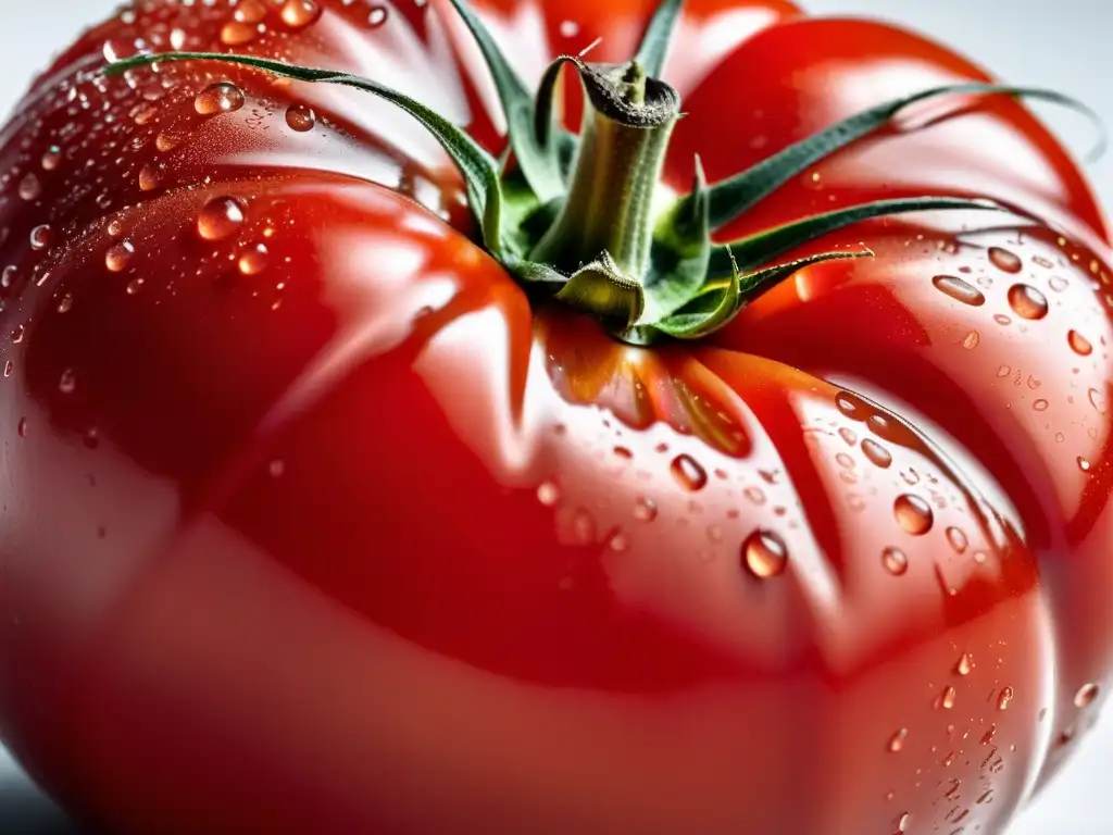 Tomate maduro y vibrante con gotas de agua, iluminación dramática y fondo blanco