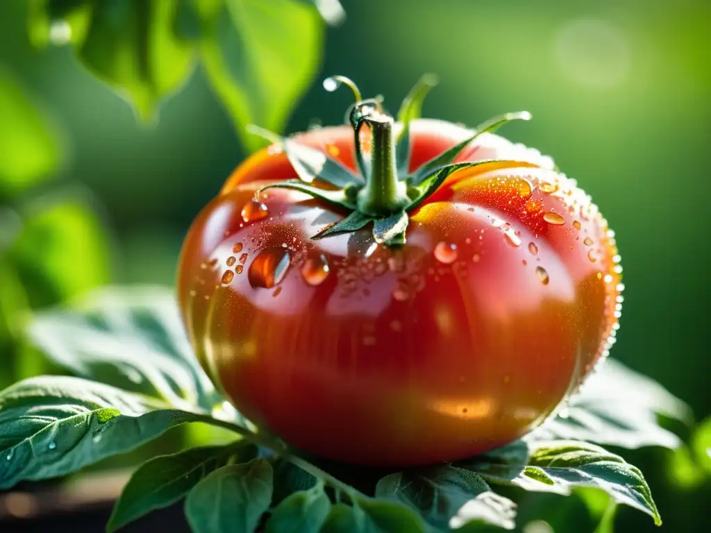 Tomate orgánico recién cosechado brillante con rocío, resaltando la importancia de ingredientes orgánicos