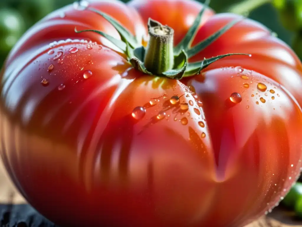 Tomate orgánico recién cosechado brillante bajo la luz matutina