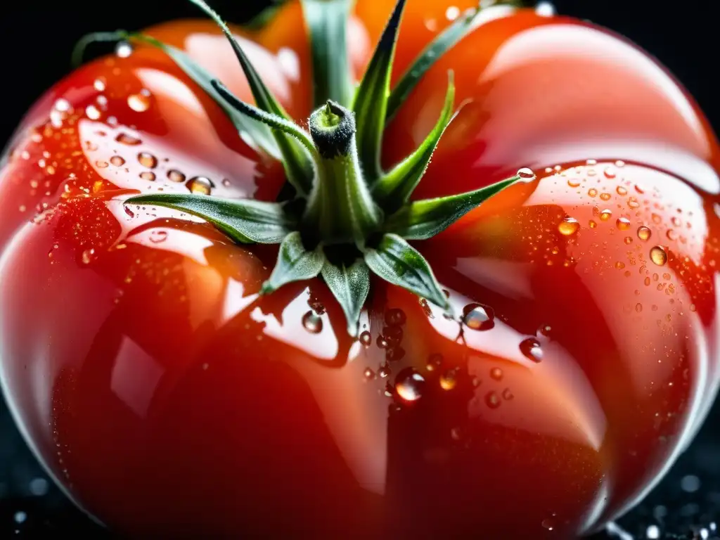 Un tomate orgánico recién cosechado, perfectamente simétrico y brillante con gotas de rocío, sobre fondo negro