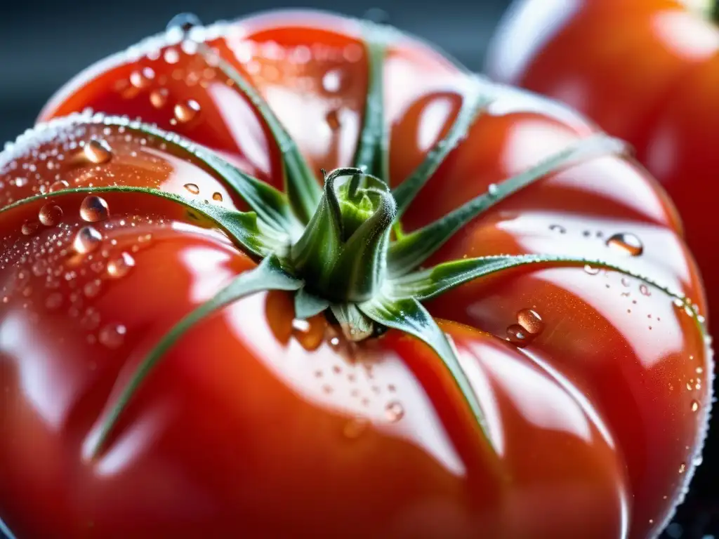 Tomate orgánico recién cosechado con gotas de agua, resaltando su color rojo intenso y textura